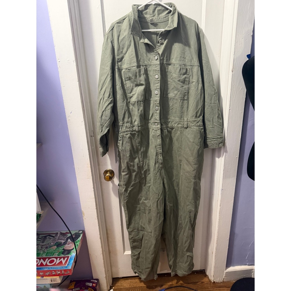 Old Navy Olive Denim Long Sleeve Button Down Jumpsuit Green 3X 100% Cotton